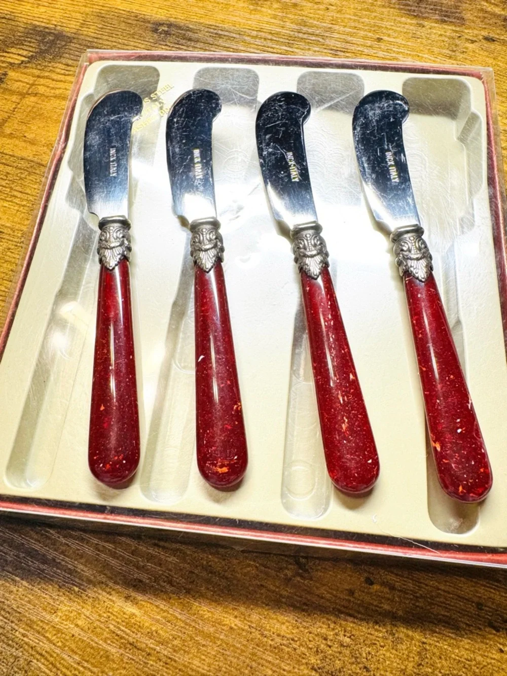 Napoleon 4pc Italian Spreader Knife Set Red Silver Acrylic Charcuterie
